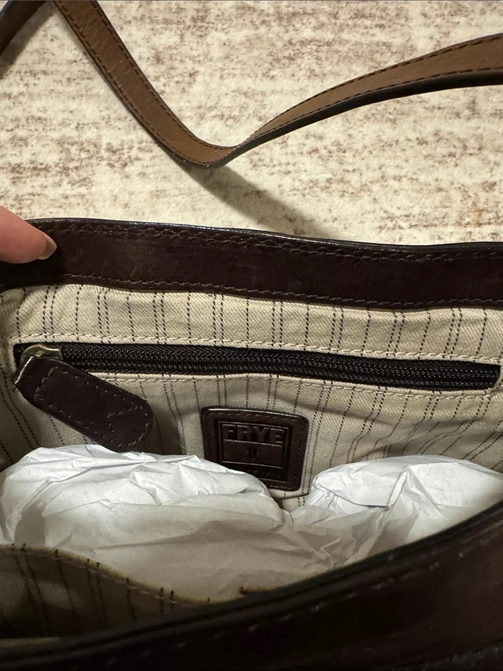 Frye Classic Brown Leather Crossbody Bag with Brass Ring Accent